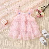 Vestido De Princesa Para Bebé Niña Verano Color Sólido Con Flores Malla Ligera Y Delgada Manga Volante Dulce Vestido De Niña - details 1