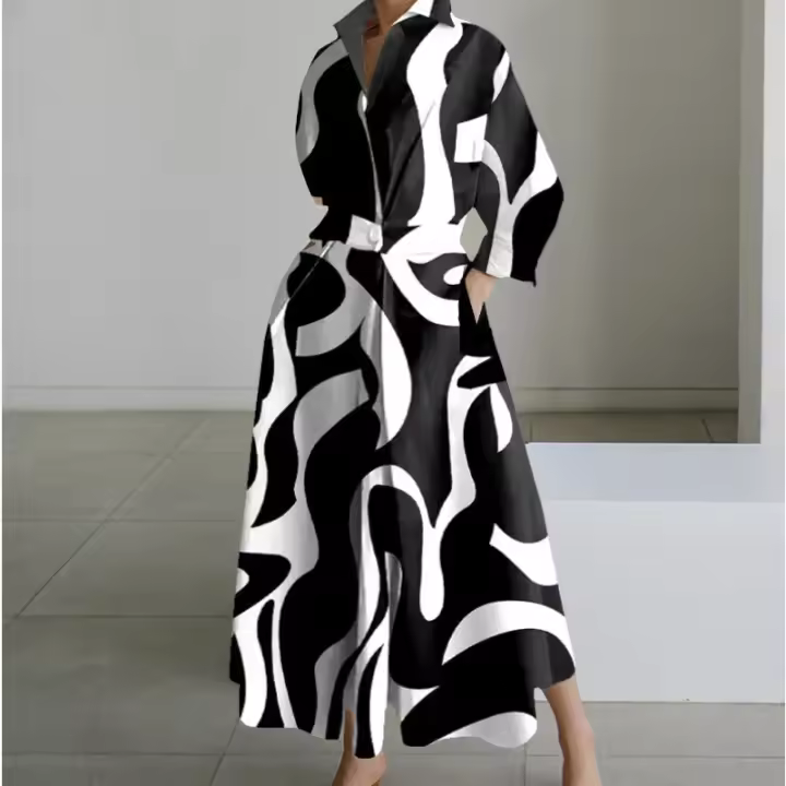 Vestido Casual De Mujer Tallas S-2XL Manga Larga Cuello En V Con Cinturón Estilo Fashionable Poliéster Solido Y Estampado Para Comunicación Y Vacaciones - 1