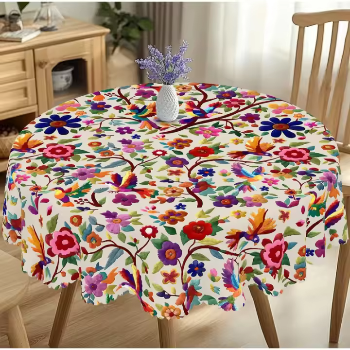 VIKAMA Teléfono De Mesa Redondo Retro Con Bordado Floral Diseño De Pájaro Y Flor Colorido Impermeable Y Resistente Al Aceite Cubierta De Cocina Moderna Para Hogar Y Restaurantes - 1