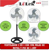 Ventilador de Pie 3 en 1 LoLek, Diámetro de 18", 70W de Potencia, Altura Ajustable 1.3 m, Apto para Escritorio y Pared, Base Anticaídas, Adaptadores Incluidos, 3 Velocidades, Ventilación Silenciosa y Eficiente para Hogar u Oficina - details 1