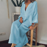 Vestido Casual De Algodón Lino Para Mujer Manga Larga Cuello V Midi Verano Elegante Holiday Weekend Street Dresses - details 3