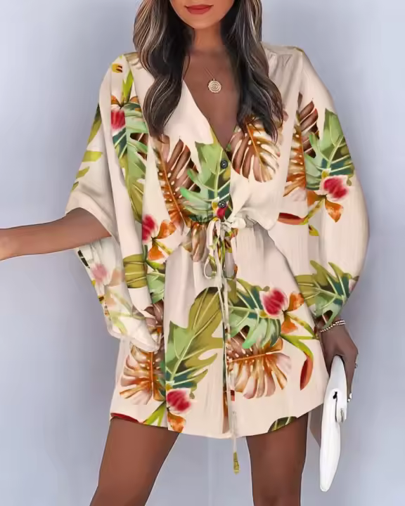 Vestido De Verano Para Mujer Estampado Floral Manga Batwing V-Neck Volantes Corte Irregular Casual Bohemio Talla S M L XL XXL - 1