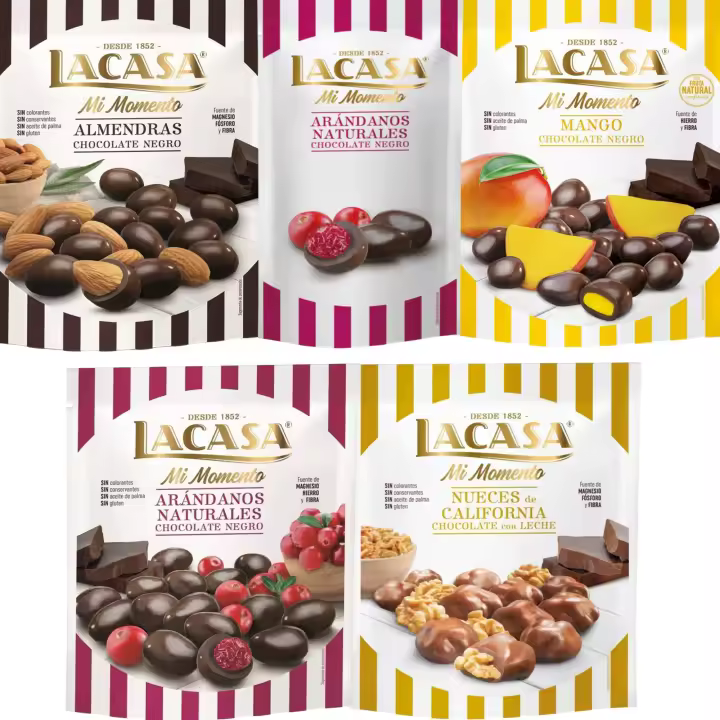 Lacasa Mi Momento pack de 5:Arándano choco Negro 60G,Arándano choco Negro 125G,Nueces Leche 115G,Almendra choco Negro 125G,Mango choco Negro 115G - 1