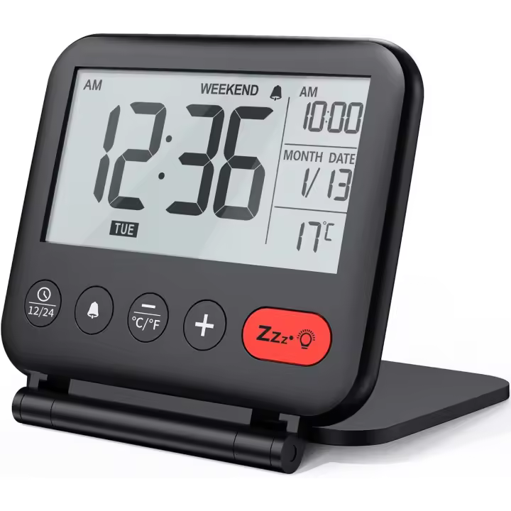 Reloj de Alarma de viaje Mini Reloj digital LCD portátil con calendario retroiluminado 12/24 horas de temperatura Espejo de maquillaje - 1