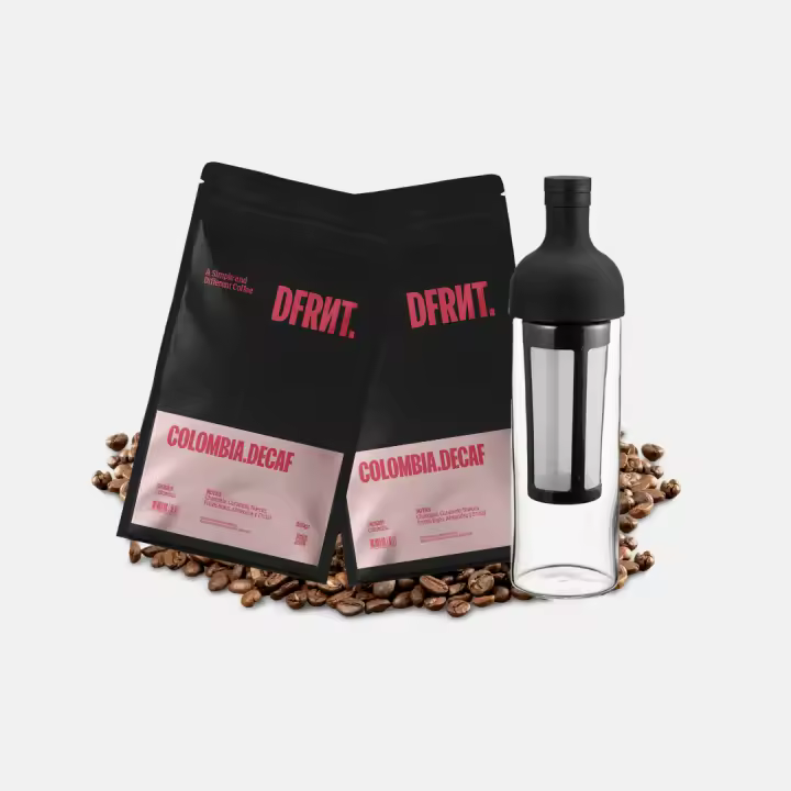 DFRNT. Pack Cold Brew 2x250gr + Botella Hario COLOMBIA.DECAF ESPRESSO - Café Grano de Especialidad - Notas a Chocolate, Caramelo, Nueces, Almendras, y Frutos rojos - Ideal preparación Filtro - Tueste Reciente en España - Paquete 500g - 1