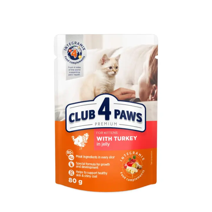 Comida húmeda completa para gatitos CLUB 4 PAWS PREMIUM-pavo en gelatina. PACK 24*80g - 1