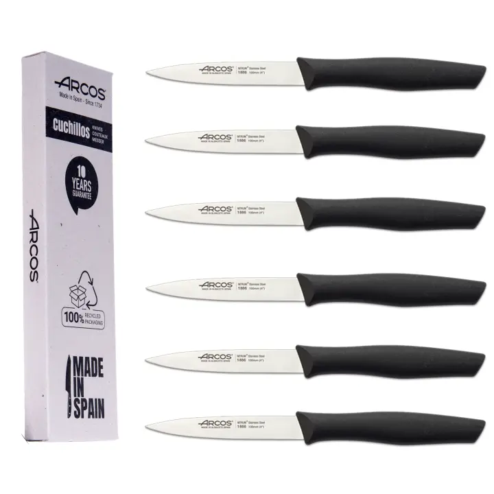 Arcos Cuchillos Pelador Cuchillo Mondador Cuchillos Cocina Profesional  Cuchillo Universal  Acero Inoxidable Nitrum  100 mm  6 Piezas  Cuchillos de pelar  Fruta  Verduras puntilla  Negro - 1
