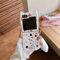 Funda De Teléfono Con Colgante Y Aros Para Samsung Galaxy Z Flip 6 5 4 3 ZFlip 6 Con Orejas De Gato Diseño De Luna Y Fantasma Blanco Y Rosa - details 5