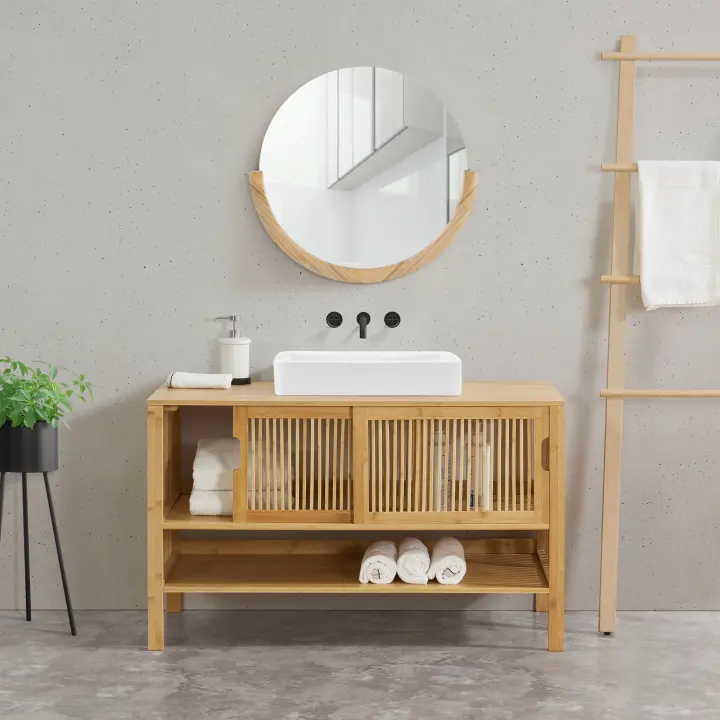 Mueble para debajo del lavabo Hvaler con puertas corredoras y 1 estante bambú 60 x 100 x 45 cm - Natural [en.casa] - 1