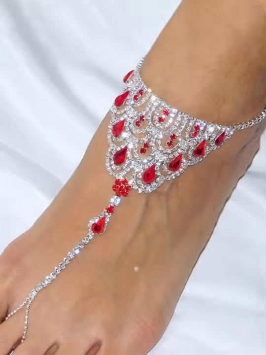 Pulsera De Tobillo Para Mujer En Cristal Rojo Rubí Stonefans Cadena De Pie Con Diamantes Boho Moda Geométrica Ajustable De 20cm-28cm - 1