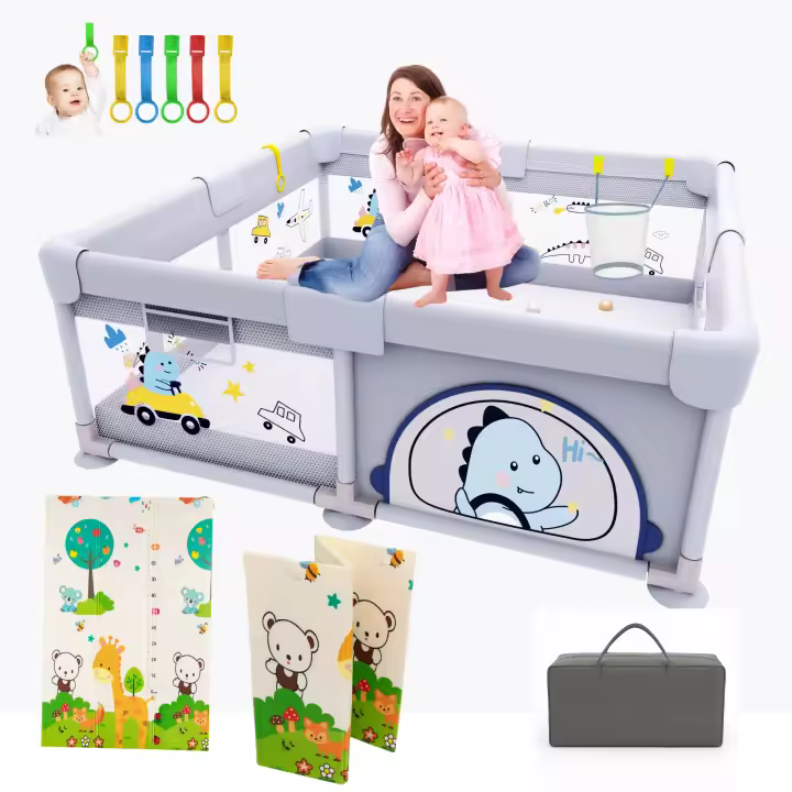 PARVULI Parque Infantil Bebe  - Corralito Bebe con 6 agarraderas y Alfombra de Juegos Acolchada - Parque Bebes para Casa Plegable con Malla Transpirable y Vayas con Protecciones - 1
