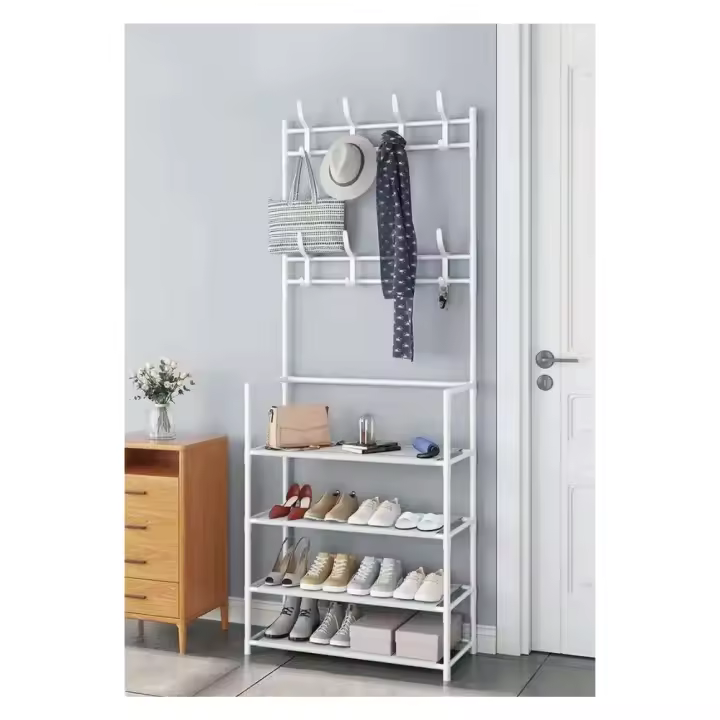 Zapatero de 5 pisos con colgadores 2 en 1, estantería fácil instalación estructura metal medidas 173 x 60 x 26 cm color blanco y negro mueble de recibidor - 1