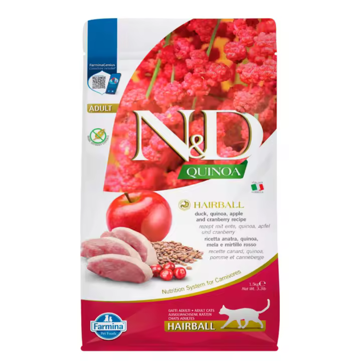 Farmina ND Cat Quinoa Hairball con Pato 1.5kg - Pienso para las Bolas de Pelo de los Gatos sin cereales - 1