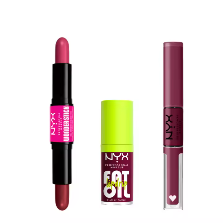 NYX Professional MakeUp | kit estacional en tonalidades de Invierno. Con el colorete duo en barra Wonder Stick, en tono Magenta Ginger, el labial diario Fat Oil Lip Drip, en Tono That´s Chic, y el labial nocturno Shine Loud en tono  Shine Make - 1