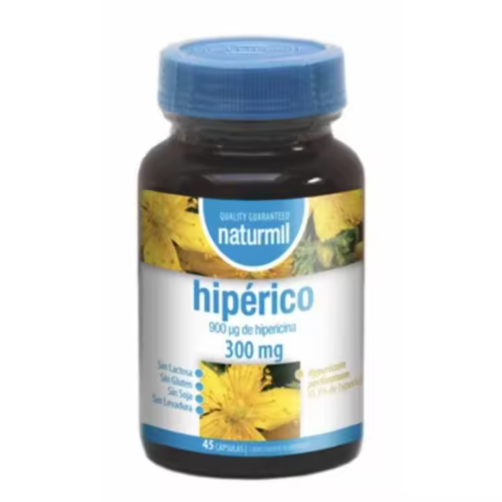 Naturmil Hiperico 300mg 45 Cápsula - Tratamiento de Tristeza - Mejora la Memoria - Levanta el ánimo - Apoyo Natural - 1