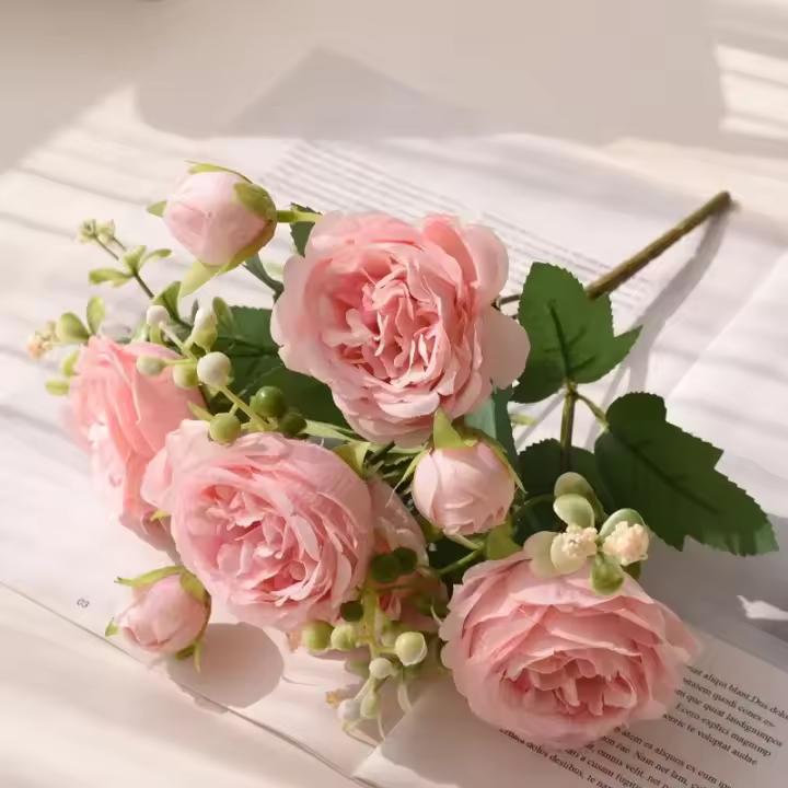 Bouquet De Flores Artificiales Peonía Rosa Púrpura 30cm 5 Cabezas Grandes Y 4 Brotes Pequeños Decoración Para Casamiento Y Hogar - 1