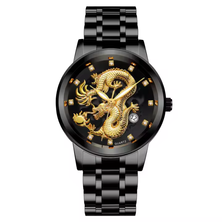 Reloj Hombre Profesional de Acero con Calendario y Dragón Grabado - Diseño de Lujo para Ejecutivos - 1
