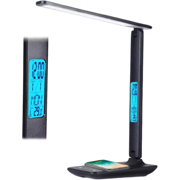 Lámpara de Escritorio LED Multifuncional con Cargador Inalámbrico y puerto para cargar Móvil, Pantalla LCD Inteligente - Iluminación Ajustable - 1