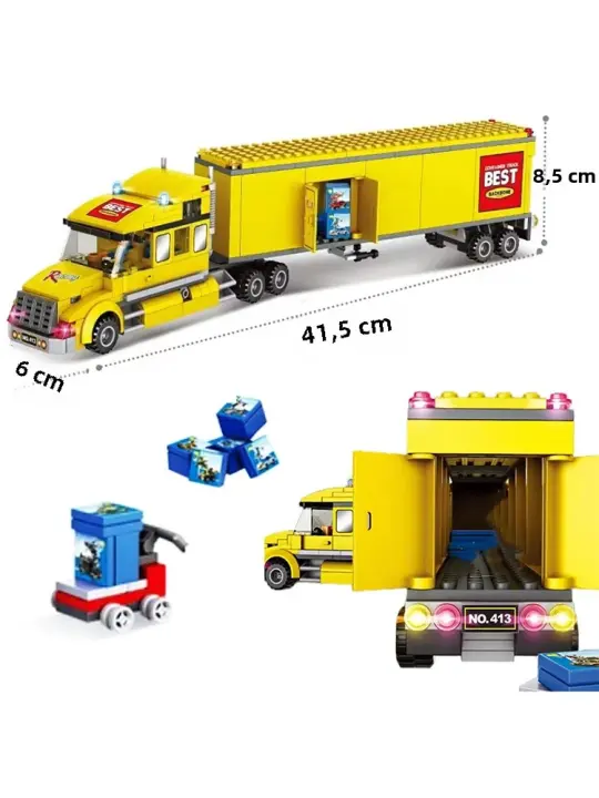Bloques De Construcción De Camión Amarillo Y Remolque De La Serie Ciudad Juguete De Rompecabezas Tecnológico Para Niños Regalos Educativos De Plástico ABS Tamaño Pequeño Compatible Con Lego - 1
