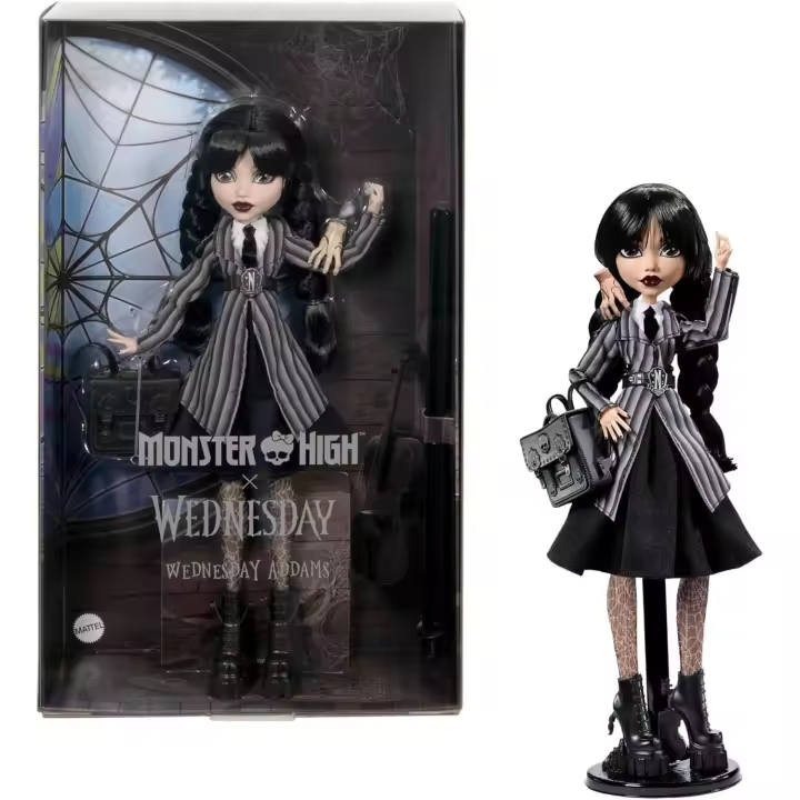 Monster High Miércoles Muñeca y Accesorios, muñeca Coleccionable de Miércoles Addams con el Uniforme de la Academia Nevermore, Cosa y una Mochila, con peana para la muñeca (Mattel HXJ04) - 1