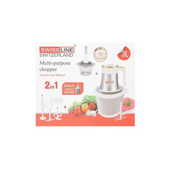 PICADORA DE CARNES Y VEGETALES - SWISS LINE - 1200W - 3 LITROS - CUENCO ACERO - CUENCO CRISTAL - 1