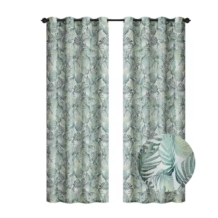 ILOVEHOME - Cortina para salon, cortina para habitacion tipo visillo con aspecto de lino con ojales, cortina individual moderna de 140 x260cm, estampado hojas - 1