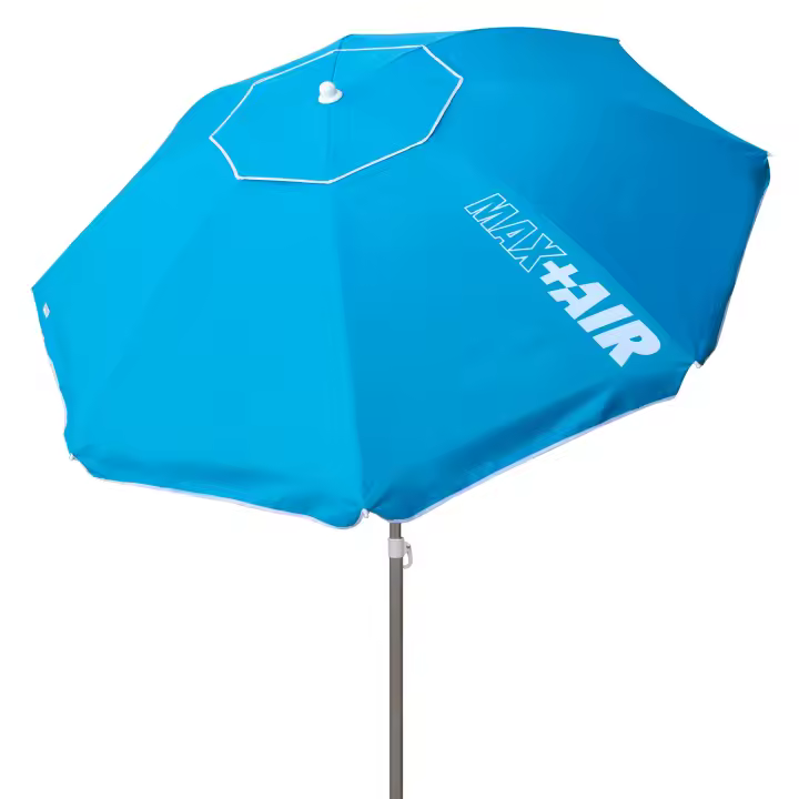 Aktive - Sombrilla playa antiviento 180 cm, 200 cm o 220 cm, Max Air, color azul, forma octogonal, poliéster con protección UV50 y revestimiento plateado, aluminio, 8 varillas fibra vidrio, mástil inclinable Ø28/32 mm, incluye funda, ventilación superior - 1