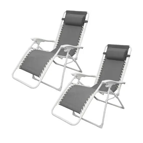 2 Tumbonas Reclinable para Camping y Jardín 112 x 65 x 84 cm Tumbona Gris + Almohada Silla Gravedad Cero Playa Verano Piscina Banquetas para Salón Jardín Balcón - 1