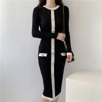 Vestido De Suéter Para Mujer 2024 Otoño Invierno Manga Larga Elegante Color Negro Midi Patchwork A-Line Estilo Casual - details 3