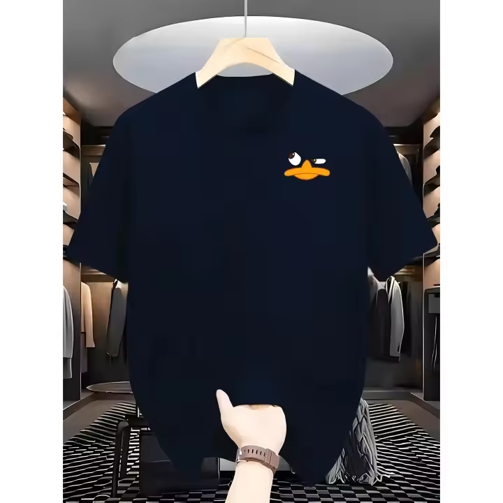 Men's Casual Short-Sleeve Graphic T-Shirt - Black with Cute Duck Design, Round Neck, Lightweight Summer Top, Machine Washable, 100% Cotton - 1