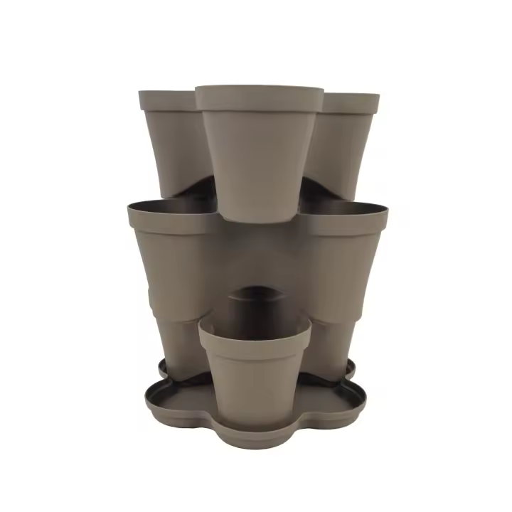 Jarrón apilable Plana Roma, en polipropileno con platillo, jarrón tridimensional multicapa, jarrón Frisa, Jardinera exterior e interior, Trío de jarrón para Jardín Vertical - 1