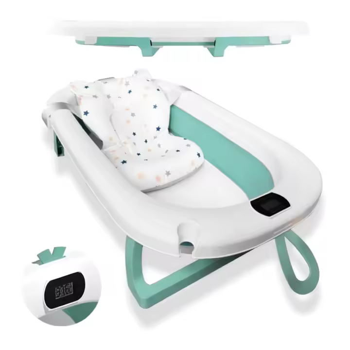 BATHBY Bañera Plegable Verde para Bebés Recién Nacidos, con Cojín Reductor, Termómetro Integrado y Patas Antideslizantes, Compacta y Segura (Verde pastel) - 1