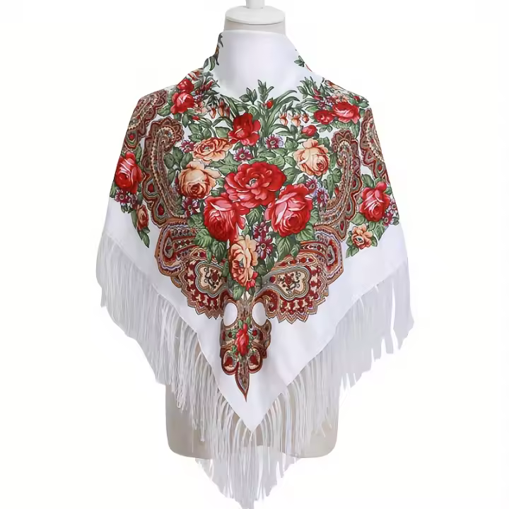 Chal Mujer Vintage Floral – Mantón Etnico de Poliéster con Flecos, Cálido y Ligero 120g/m², Ideal para Otoño Invierno – Accesorio Casual y Elegante para Mujer - 1
