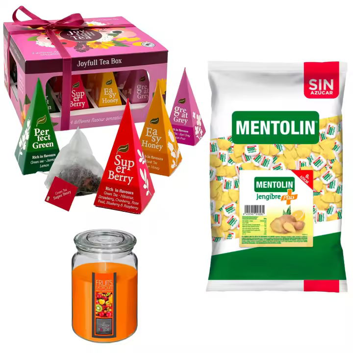 Pack Balsámico: MENTOLIN PLUS JENGIBRE S/A BOLSA 1KG + Vela Perfumada de Frutas Exóticas 510g  + Caja de Té Joyfull con variedad de sabores - 1