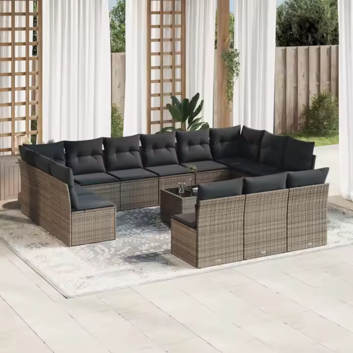 vidaXL Set de sofás de jardín 14 pzas con cojines ratán sintético gris - 1