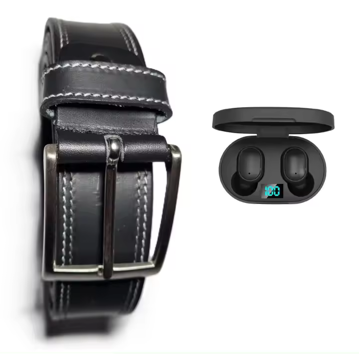 Cinturón de Piel Negro con Costuras Contrastadas para Hombre. REGALO INCLUIDO: Auriculares TWS E6S. Medida Ajustable. Elegante y Resistente. Fabricado a Mano en España. Presentado en bolsa de tela. Regalo Especial. Lukkalia - Kids and Us / LKKCN - 1