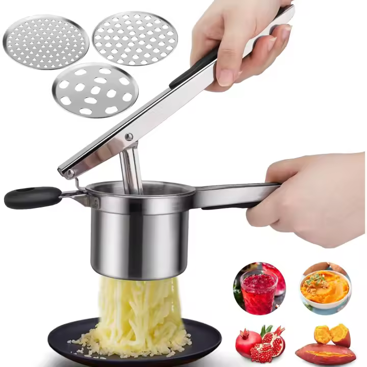 Prensador de papas de acero inoxidable de grado alimenticio con 3 discos intercambiables, multifuncional para puré de papas, puré de frutas. - 1