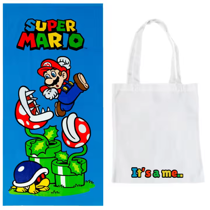Nintendo Toalla Super Mario de baño Playa Piscina Natación 100% Poliéster 70x140cm + Bolsa de Playa de Tela Regalo para Niños Verano Vacaciones  Producto Oficial - 1