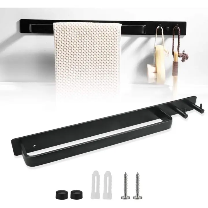 Toallero de aluminio montado en la pared Toallero con ganchos Toallero con tornillos Barra de toalla duradera a prueba de herrura 40cm de longitud para puertas de cocina de baño-Negro - 1