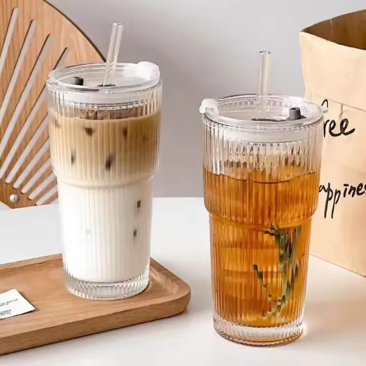 Taza De Café De Vidrio JIRO 600ML Con Estampado Rayado Y Palito, Tapa Incluida Para Agua Café Té Claro Utensilios De Cocina - 1