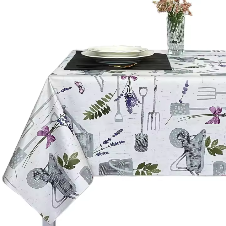 Mantel PVC, Mantel de hule impermeable, Ideal para el hogar, Cocina, Comedor, Fácil de limpiar,Apto para todas las mesas.blanco. floral y hojas, planta.Lavanda. - 1