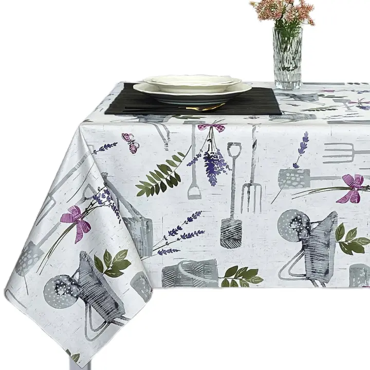 Mantel PVC, Mantel de hule impermeable, Ideal para el hogar, Cocina, Comedor, Fácil de limpiar,Apto para todas las mesas.blanco. floral y hojas, planta.Lavanda. - 1