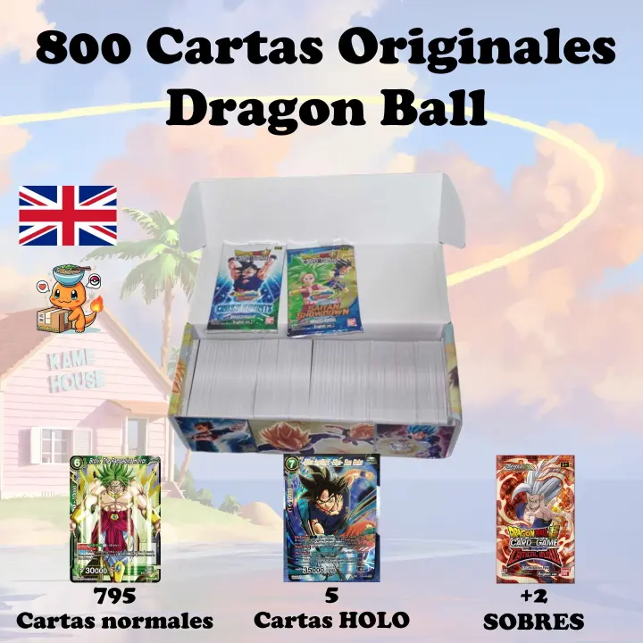 MEGA Pack 800 Cartas + 5 Cartas HOLO + 2 Sobres - Regalo ideal niños, cumpleaños - Cartas Dragon Ball Original Sellado Tcg Jcc - 1
