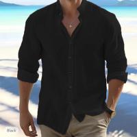 Camisa De Punto De Sarga Y Algodón Para Hombre Estilo Playa De Cuello En Pie Manga Larga Color Sólido Casual Versátil - details 5