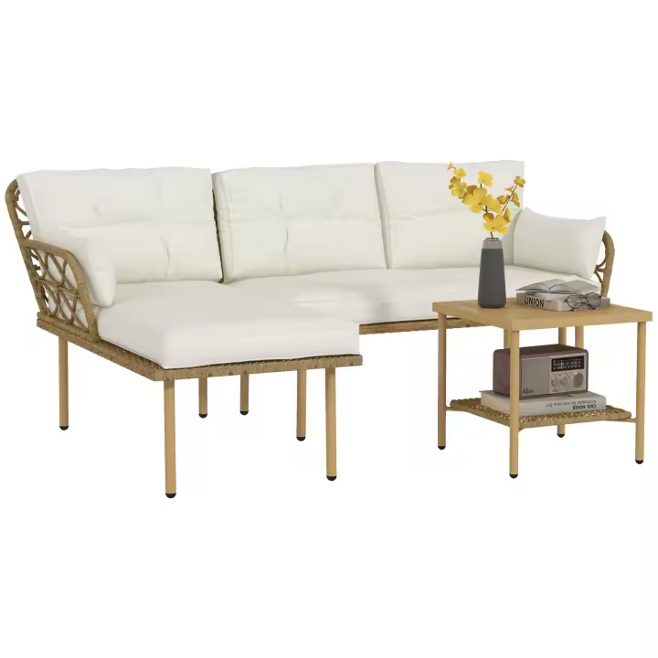 Outsunny Conjunto de Jardín de Ratán Sintético Juego de 3 Piezas Muebles de Jardín con 1 Sofá de 2 Plazas 1 Sofá Esquinera y 1 Mesa de Centro Metálica para Patio Natural y Crema - 1