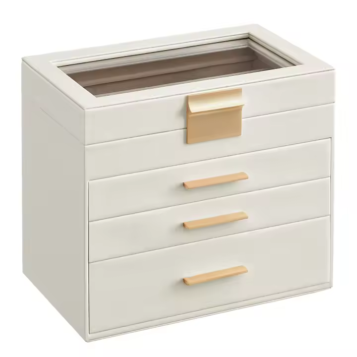 SONGMICS Caja de Joyas, Caja Joyero con 4 Niveles, Estuche para Joyería con Tapa de Cristal, 3 Cajones, para Gafas de Sol, Joyas Grandes, Moderno, Blanco Nube y Dorado/Gris y Dorado/Negro Grafito y Dorado/Verde Bosque y Dorado - 1