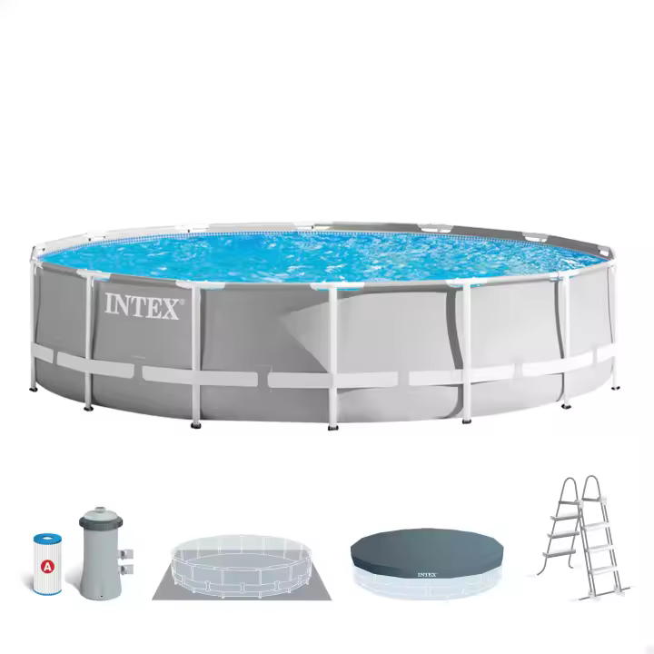 INTEX - Piscina desmontable redonda Prism Frame de hasta 6 metros de diámetro, incluye depuradora, tapiz, cobertor y escalera, color gris, resistente y duradera, +6 años, 45-60 min. montaje, piscinas desmontables grandes, piscinas familiares - 1