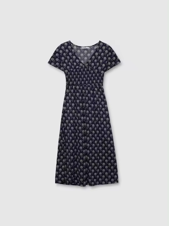 Vestido midi azul marino floral, cintura nido de abeja, escote en pico, mangas cortas, tejido ligero INSIDE - 1