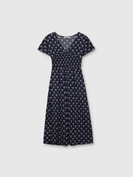 Vestido midi azul marino floral, cintura nido de abeja, escote en pico, mangas cortas, tejido ligero INSIDE - 1