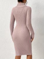 Vestido De Punto Ajustado Cuello Alto Para Mujer Estilo De Otoño E Invierno Vestido Casual De Rodilla Alta Material De Poliéster - details 1